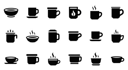 Obraz premium Collection of various coffee cups and mugs with steam rising, illustrating diverse beverage containers and tableware in a simple graphic style