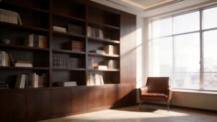 Fototapeta premium Blurred modern corporate study interior with bookshelf and window light for professional video conference virtual background
