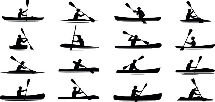 Black kayak silhouettes illustration set with paddling kayakers, flat vector design for water sports and outdoor activity icons