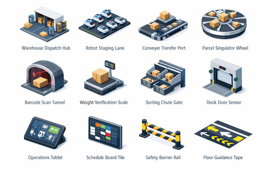 Tile icon conveyor sorting tape icons verification floor delivery staging autonomous schedule