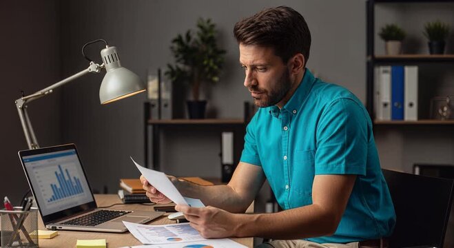 Man analyzing documents at desk in office setting
