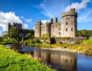 Stone castle with towers and walls by river, bright sky, grassy banks, and trees