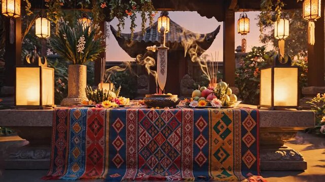 Intricate eight pointed star altar setup in a warm lantern lit garden pavilion