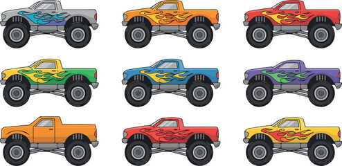 Extreme colorful cartoon monster trucks with lifted big wheels, off-road racing cars, children’s toy vehicles flat vector illustration © Rafad_Studio