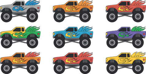 Colorful cartoon monster trucks with big wheels, off-road racing cars, extreme vehicles and lifted trucks illustration for children’s toys flat vector © Rafad_Studio