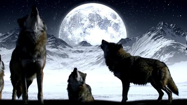 Wolf Pack Howling at Full Moon Night.