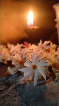 Traditional Oil Lamp with Night Jasmine Flowers Burning in Dark Spiritual Background	
