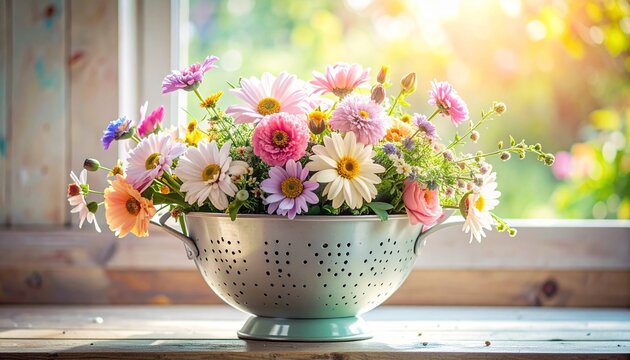 Vibrant flowers in colander on wooden windowsill with soft natural light