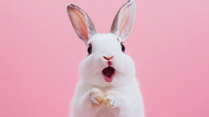 Obraz premium Cute rabbit shows surprise on pink background in a playful moment expressing joy and curiosity