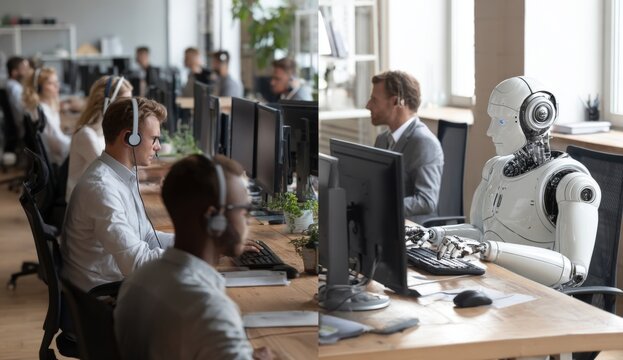 Robot and people working in modern office with computers, concept of future workplace