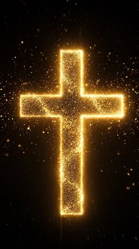 Glowing gold cross symbol on dark background with particles
