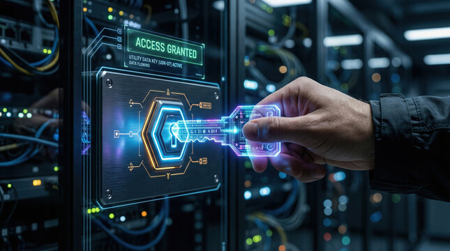 Access granted utility data analysis key holographic access key inserted into server rack unlocking secure data flow with futuristic interface