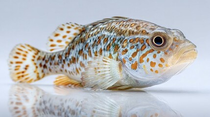 Naklejka premium Intricate details of a small, colorful fish, featuring its patterned scales, fins, and expressive eye, resting on a reflective surface against a plain background