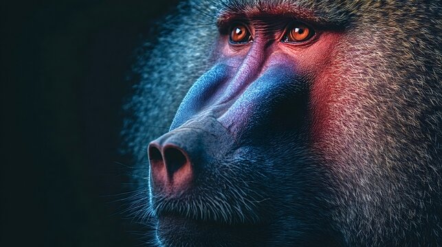 Mandrill portrait with vivid blue and red facial coloration and intense orange eyes gazing upward, showcasing textured fur, wild beauty and powerful primate expression