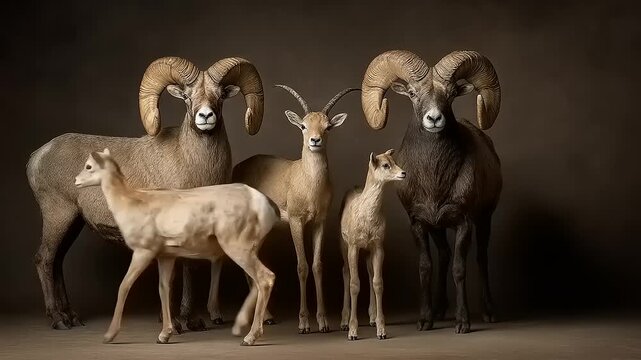 A Serene Assemblage: Majestic Rams and graceful gazelles form an elegant composition under soft, diffused light