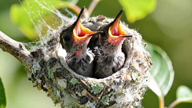 Two adorable, newly hatched bird chicks are nestled closely within their intricate, cup-shaped nest, perched securely on a tree branch amidst lush green foliage. With their fluffy down feathers and lo