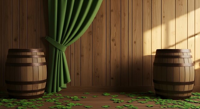 St patrick's day celebration with wooden barrels and green decorations