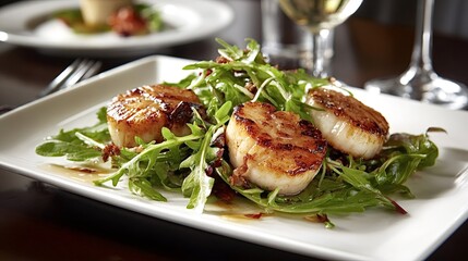 Golden brown seared scallops sit on a bed of vibrant arugula salad with a light dressing, forming an elegant and appetizing gourmet seafood dish in a restaurant setting