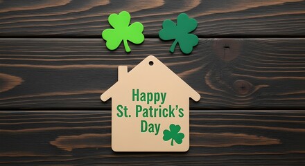 Fototapeta premium St patricks day decorations with shamrocks and happy st patricks day sign on wooden background
