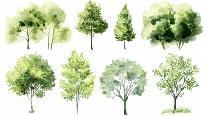 Obraz premium Watercolor green trees on white background for landscape and garden drawings in spring season