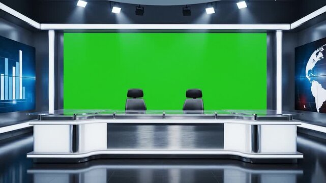 Modern virtual news studio set featuring a green screen and data displays.