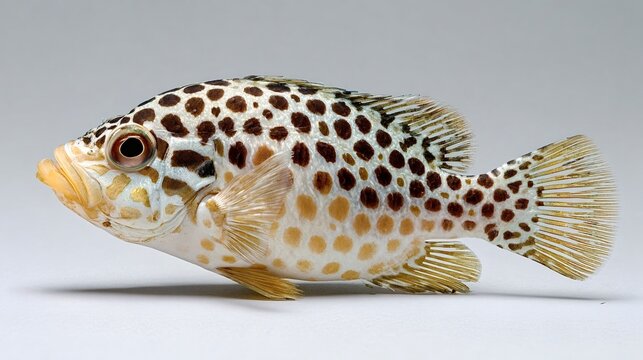 Leopard grouper fish displaying its distinctive brown and orange spotted pattern against a plain white background, highlighting its unique coloration and aquatic nature