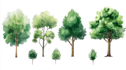 Fototapeta premium Watercolor green trees designed for landscape and architectural drawings in spring setting