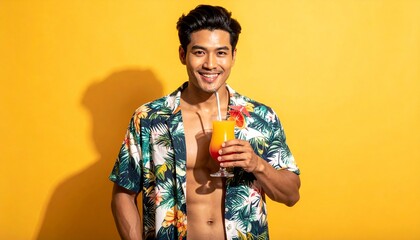 Obraz premium Smiling man holding a tropical drink, enjoying the summer heat. The image is bathed in bright sunlight, perfect for summer themes
