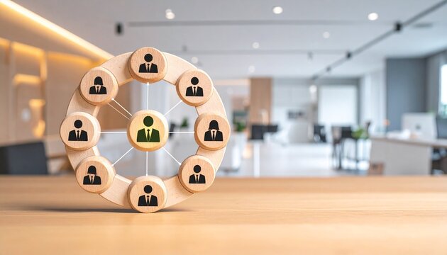 Centralized Leadership and Team Networking Diagram on Wooden Blocks in Modern Office