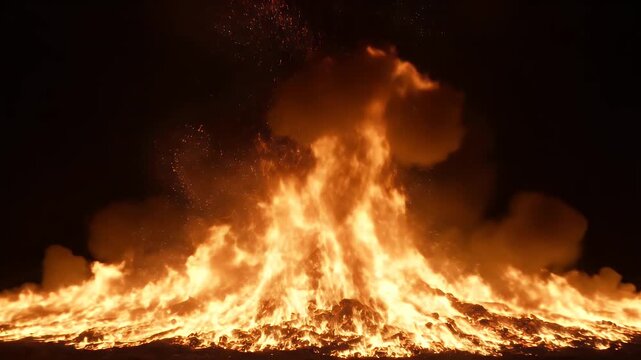 A large bonfire glows brightly in the night, embers fly, smoke rises