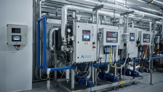 Medium shot of an energyefficient chiller plant showcasing highefficiency refrigeration with a focus on optimizing product cooling and water temperature control.