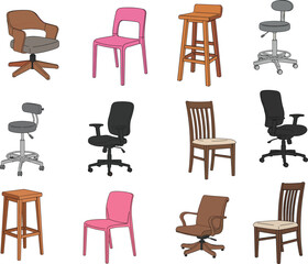 Collection of twelve diverse chairs in grid layout, including office, dining, bar stool, and plastic seating designs, showcasing furniture variety and ergonomic styles