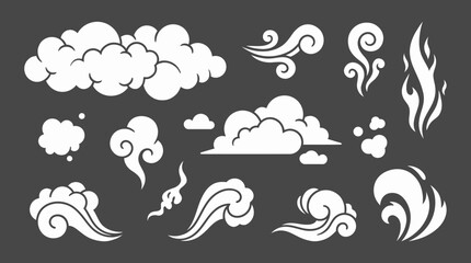 Fototapeta premium Set of white stylized cloud, wind, smoke and water wave icons isolated on dark background, concept for weather illustration, nature interface design and comic book assets