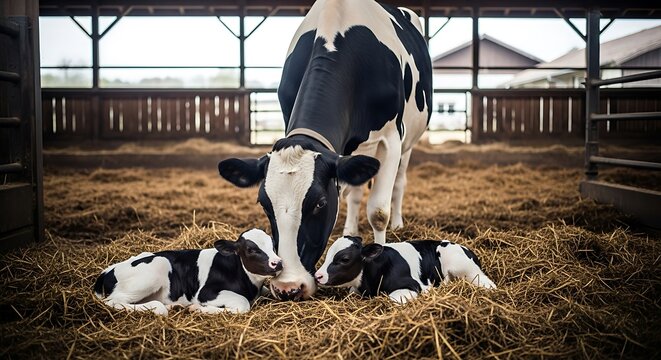Mother cow nuzzles her two newborn calves resting in a barn full of hay