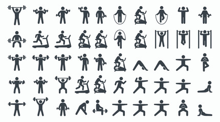 Fototapeta premium Collection of gym and fitness exercise icons featuring stick figures performing various workout routines on white background, concept for sports app design, infographic and training promotion