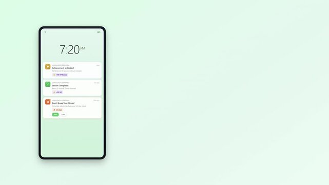 Learning education notifications smartphone push alerts lesson complete quiz reminder streak progress daily goal achievement badge level up mobile app interface animation