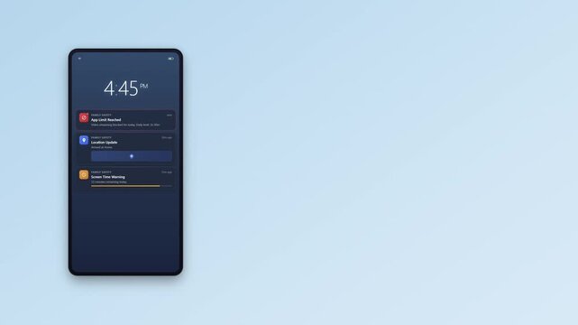 Parental control app notifications screen time limit app blocked location alert family safety smartphone push messages digital wellbeing protection animation