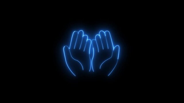 Glowing neon pray icon isolated on black background. prayer and hands of man in mosque with Dua mindfulness and gratitude in faith. prayer in religious building for Ramadan Kareem.