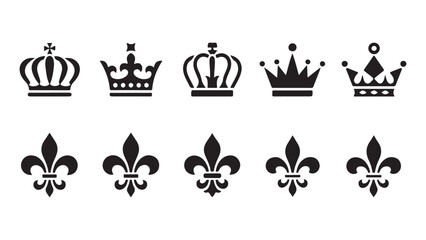 Collection of black crowns and fleur de lis symbols on white background, royal emblems © MOST AKTER