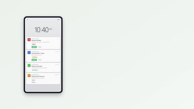 Subscription billing notifications smartphone push alerts payment due renewal plan upgrade monthly charge auto pay recurring invoice receipt mobile app interface animation