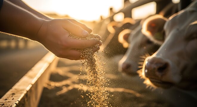 Farmer feeding cattle with grain at sunset, close-up on hands and cows