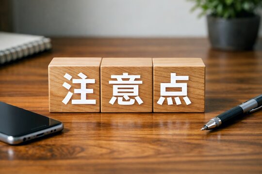 デスクに置かれた木製ブロックの文字で注意点を伝えるビジネスやマニュアル向けの素材