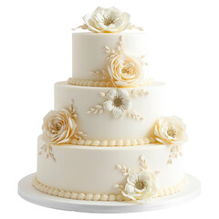 A beautiful three-tiered white wedding cake with flowers on transparent background