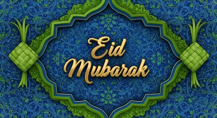 Fototapeta premium Eid Mubarak Green Typography with Traditional Ketupat Decoration on Minimal Background