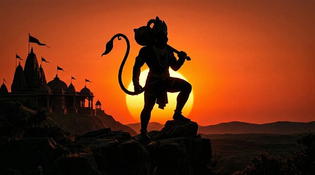 Majestic silhouette of lord hanuman with mace standing on cliff near river at sunset in front of hindu temple religious festival spiritual vector graphic hanuman jayanti 