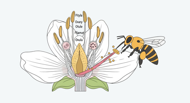 Bee pollinating flower with labeled parts