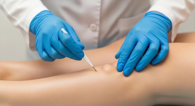 Professional Electrocautery Skin Growth Removal on Patient's Leg by Doctor in Clinic