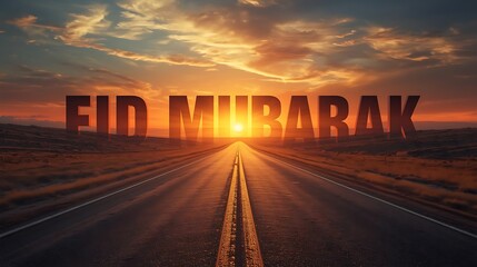 Naklejka premium Epic road stretching towards a glowing sunset, overlaid with bold 'Eid Mubarak' text for a sense of spiritual journey and hope.