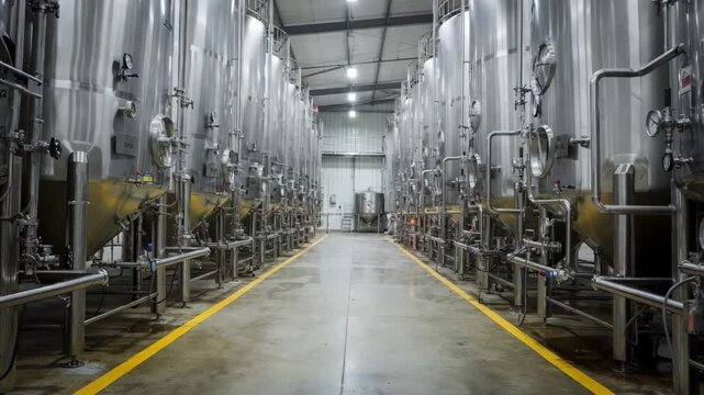Industrialscale wine fermentation room featuring large stainless steel tanks and intricate valve systems highlighting the complexity of mass wine production.