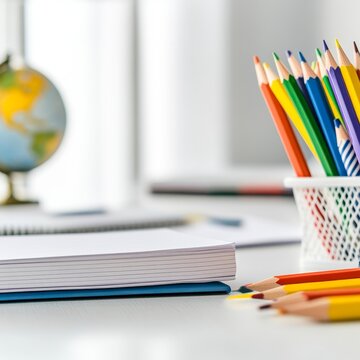 A desk organized with colorful pencils, a globe, and notebooks in a bright, airy environment